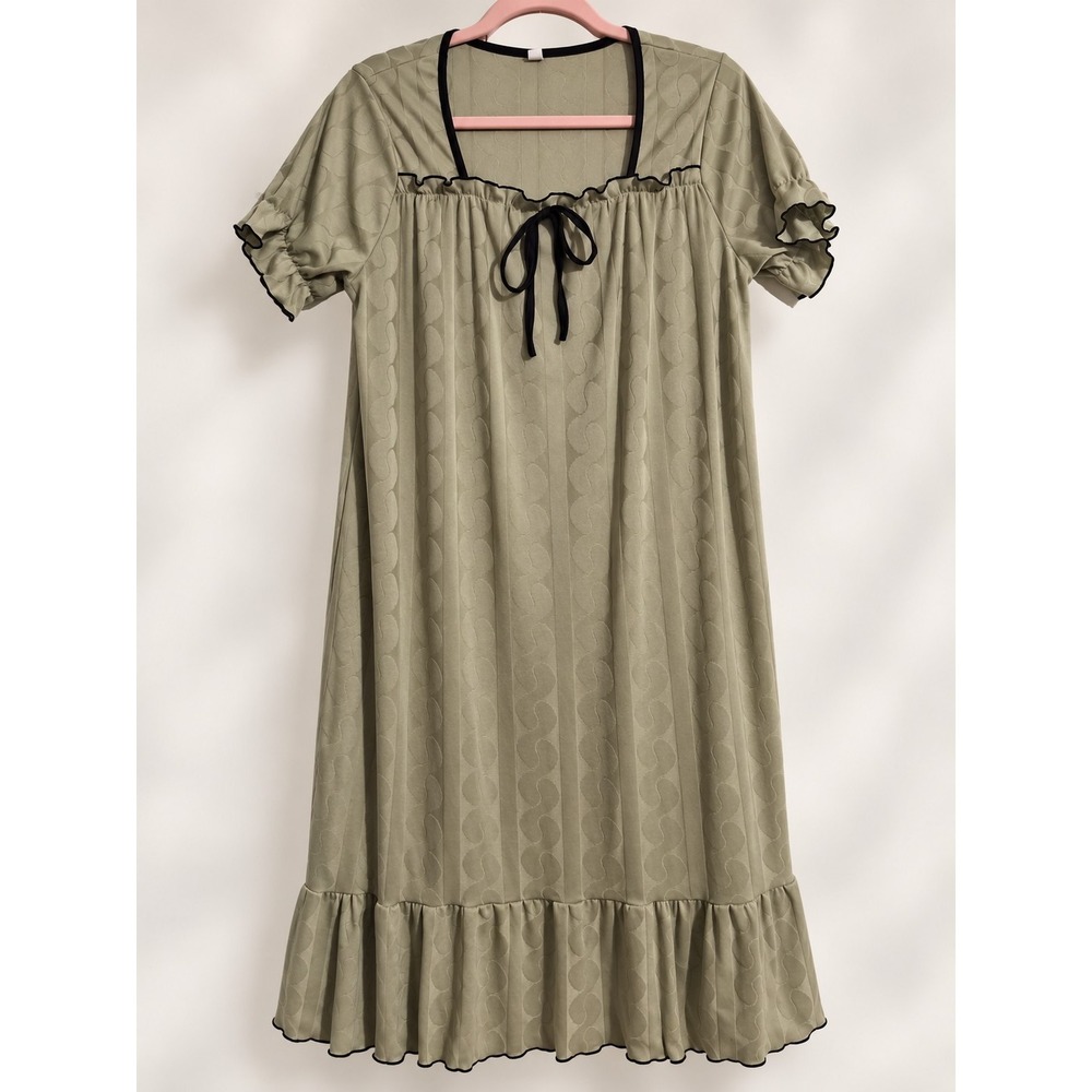 Sage Green Midi Dress M Cottagecore Prairie Babydoll Puff Sleeve Black Bow Fairy